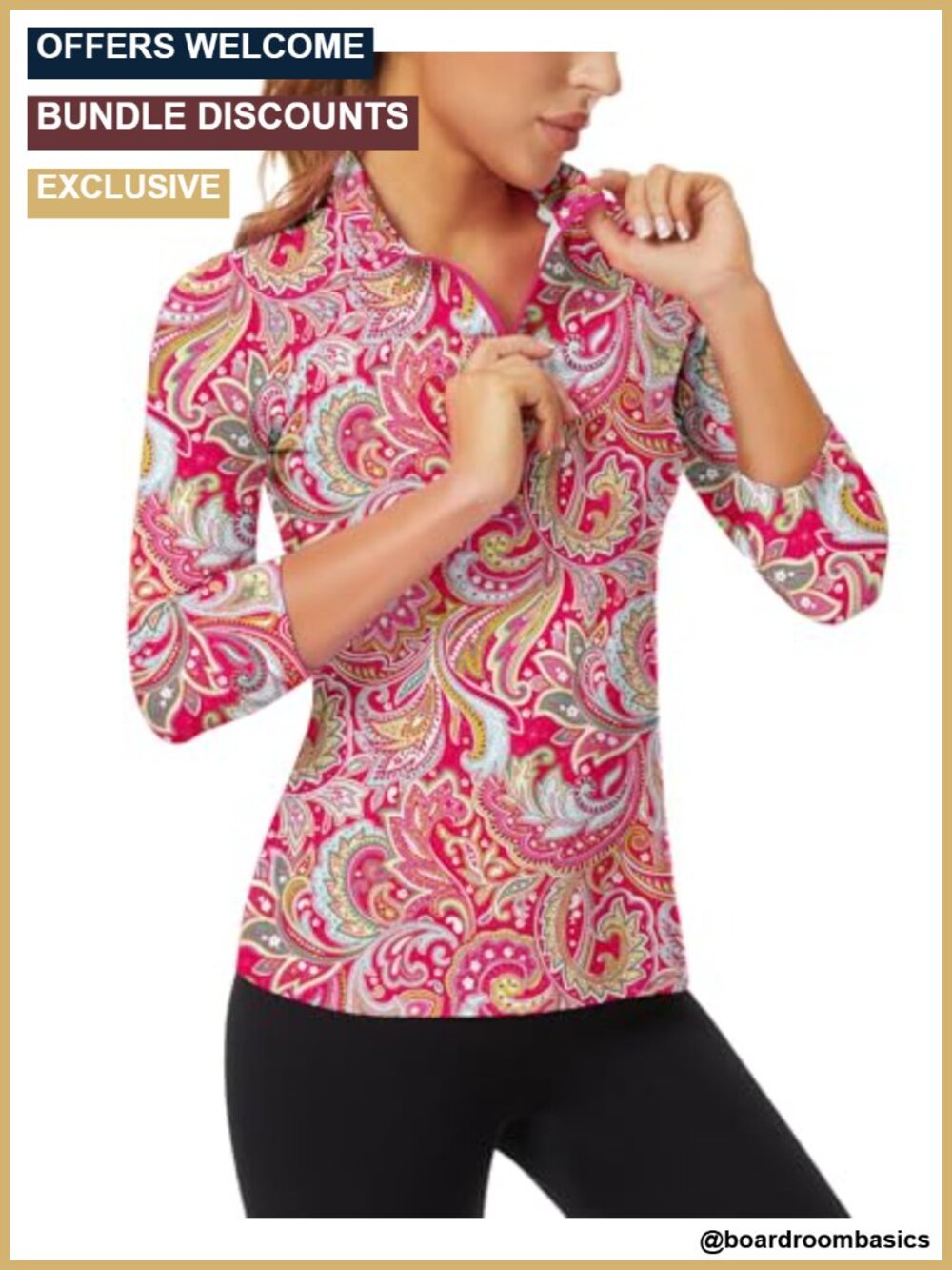 Women's 3/4 Sleeve Quarter Zip Golf Shirt Collared Athletic Tennis Top